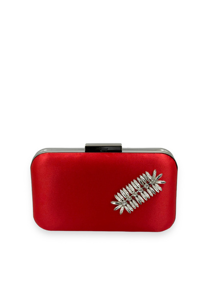 MidStore Red Color Satin Silver Case Silver Stone Evening Dress Bag Evening B...