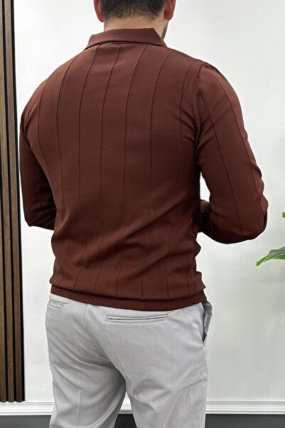 Edwox Сезонен мъжки пуловер с поло яка в тухлен цвят - половин цип Edw195