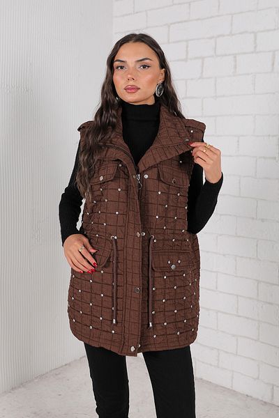 Melike Tatar Brown Jewelled Quilted Vest 32-2232