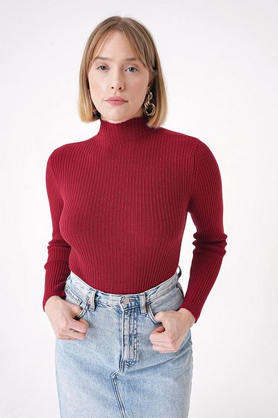 CHUBA Women's Soft Textured Ribbed Regular Fit Turtleneck Knitwear Sweater Red 25W3011