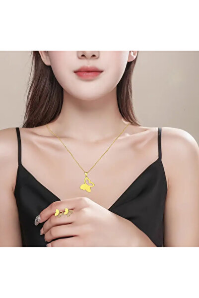 SE Jewellery Gold Kelebek Model Şık Kolye Küpe Set