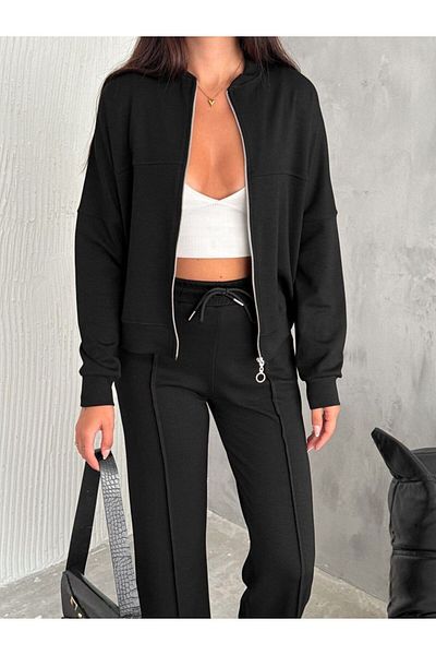 Pimody Black Modal Women's Tracksuit Set - Zippered