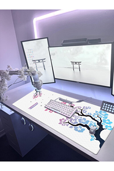 PORGE Sakura Gamer - لوحة ماوس ألعاب بيضاء مقاس 90x40 XXL، تصميم زهر الكرز