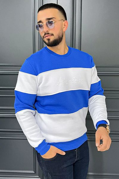 MİSHAR İTALİA Мъжки суитшърт Saks с бяло деколте и три нишки, релефен цвят и украса
