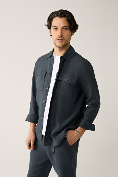 Avva Erkek Antrasit Klasik Yaka %100 Keten Comfort Fit Gömlek A41Y2087