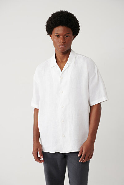 Avva Erkek Beyaz Apaj Yaka %100 Keten Kısa Kol Oversize Fit Gömlek A41Y2209