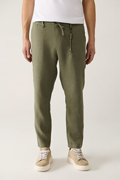 Avva Erkek Haki Beli Lastikli %100 Keten Relaxed Fit Pantolon B003032