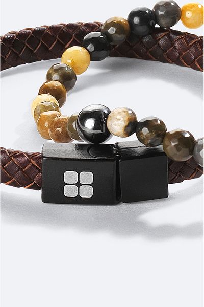 Avva Men's Brown 2-Piece Jewelled Bracelet - 100% Leather A41Y9605