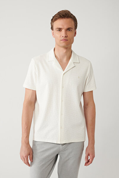 Avva Erkek Ekru Apaj Yaka Jakarlı Kısa Kollu Regular Fit Gömlek A41Y2215