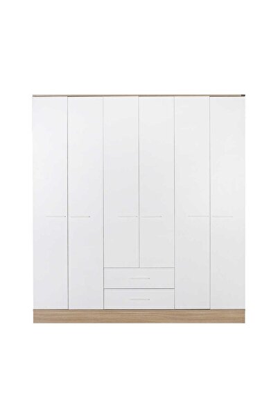 Adore Mobilya Base 6 Kapaklı 2 Çekmeceli Gardırop-italyan Meşe-mat Beyaz 206x224x52 Cm (GXYXD)