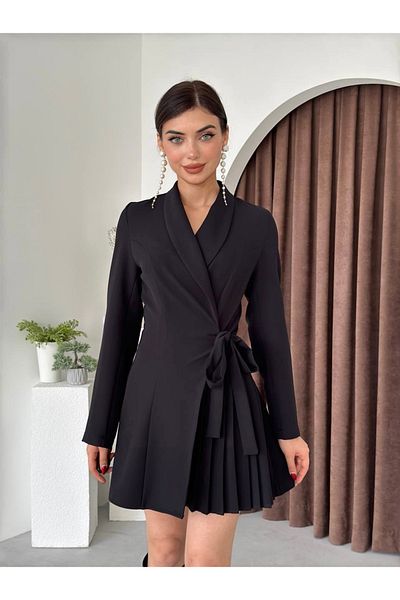 Afiş Butik Black Double-Breasted Collar Tie Detailed Pleated Dress