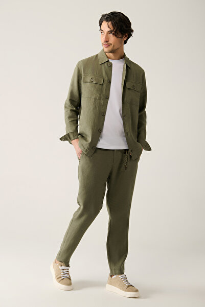 Avva Erkek Haki Beli Lastikli %100 Keten Relaxed Fit Pantolon B003032