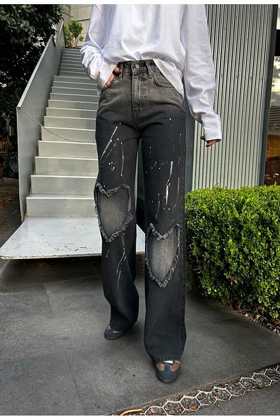 DESTİNE Y2K Heart Detailed Black Tasseled Streetwear Baggy Jeans