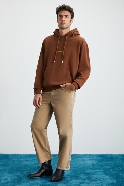 GRIMELANGE EPIC Ανδρικό υφασμάτινο κέντημα με κουκούλα με κορδόνι κανονικό φούτερ καφέ