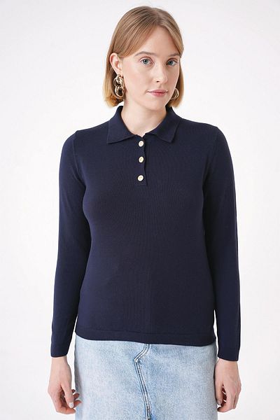 CHUBA Women's Soft Textured Gold Buttoned Polo Collar Knitwear Sweater Navy Blue 25W3012