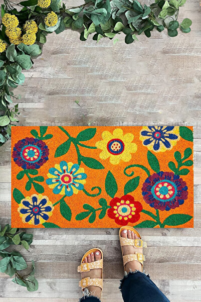 KARMAT Orange Floral Patterned Door Mat, Interior and Exterior Decorative Door Front Mat
