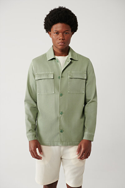 Avva Erkek Yeşil Klasik Yaka Garment Dyed Cepli %100 Pamuk Comfort Fit Denim Ceket A41Y6005