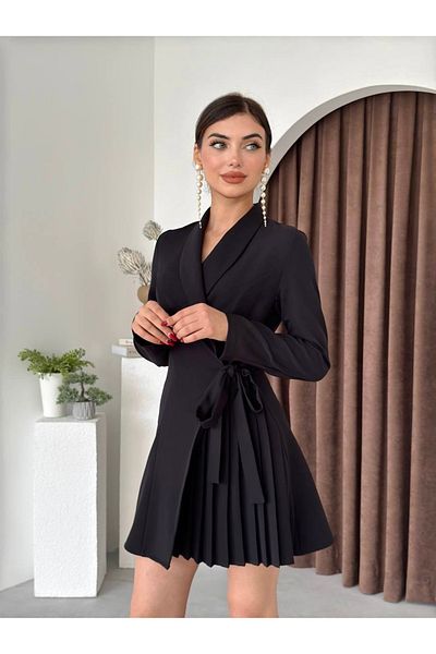 Afiş Butik Black Double-Breasted Collar Tie Detailed Pleated Dress