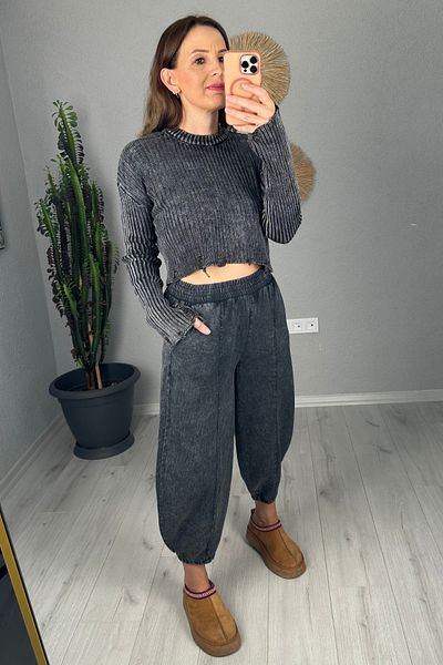 lady special Black Gabardine Balloon Trousers - Women, Snow Washed
