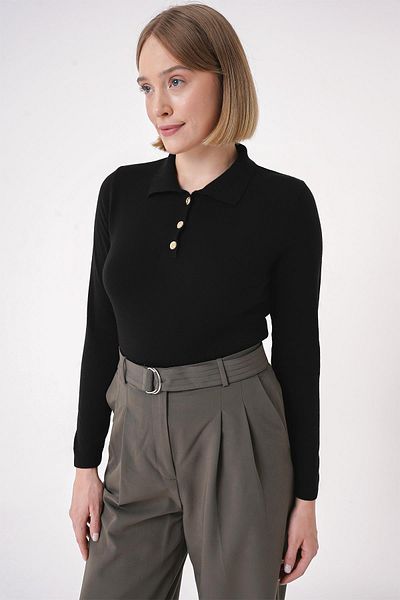 CHUBA Women's Soft Textured Gold Buttoned Polo Collar Knitwear Sweater Black 25W3012