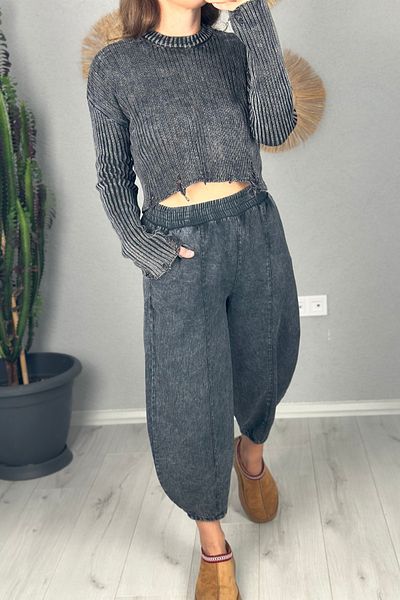 lady special Black Gabardine Balloon Trousers - Women, Snow Washed