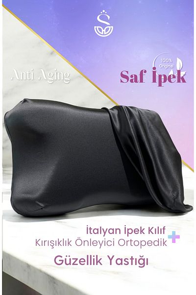 Shine Pillow Black 100% Silk Beauty Pillow - With Sheath and Anti-Wrinkle, Orthopedic Visco