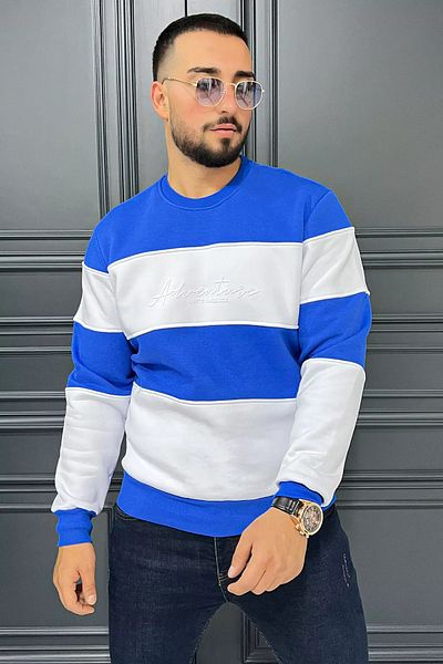 MİSHAR İTALİA Мъжки суитшърт Saks с бяло деколте и три нишки, релефен цвят и украса