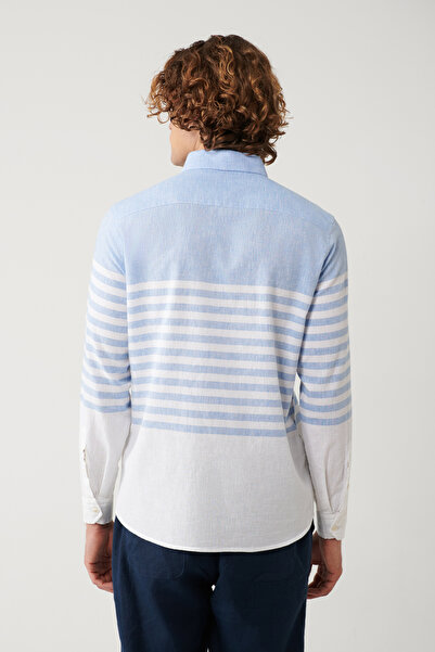 Avva Erkek Mavi Düğmeli Yaka Pano Çizgili Slim Fit Gömlek A41Y2190