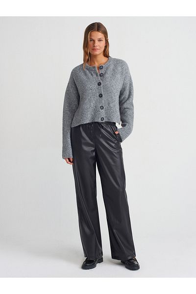 Dilvin 71567 Long Stylish Faux Leather Trousers-Black