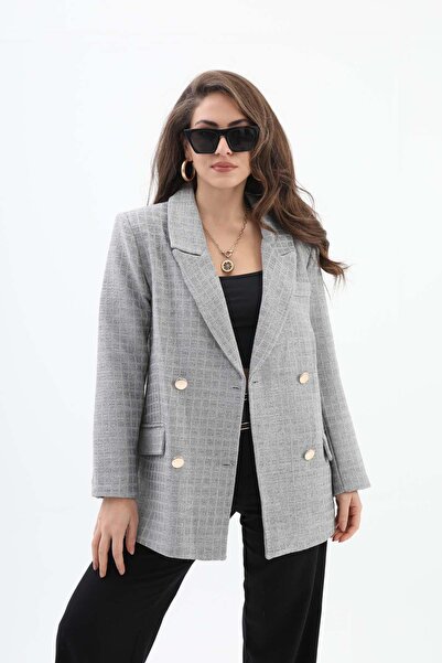 VAPUR TEKSTİL Square Pattern Double Breasted Collar Jacket - Gray