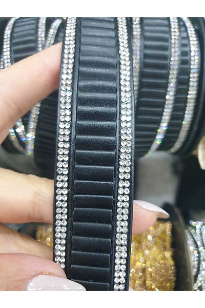 ESRA ŞELEM Black Leather Decorative Strip - Edge Stone Detail, Sewing Accessory, Clothing Applique Hobby