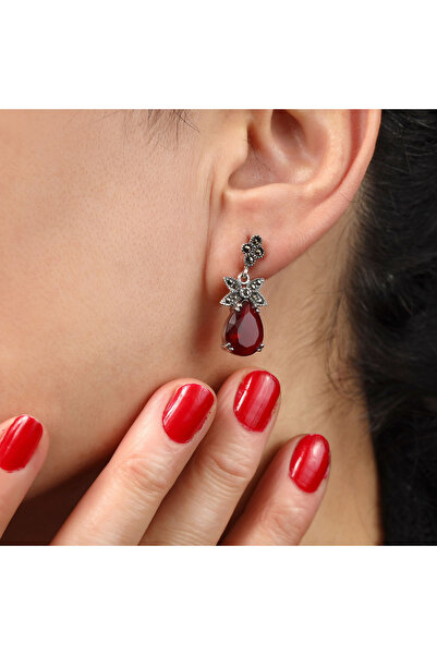 Sima Silver Gümüş Tasarım Kelebek Model Garnet Margazit Taşlı Sallamalı Küpe-1013