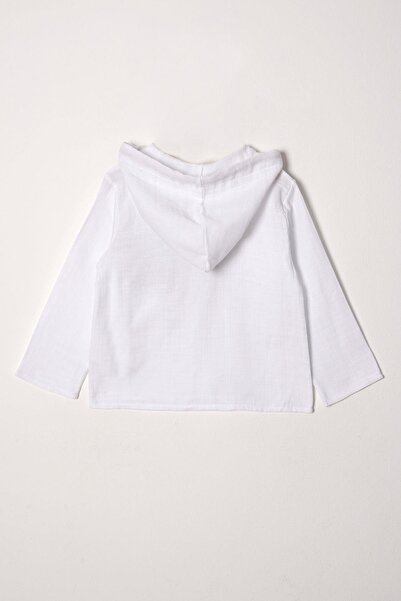 zepkids White - Brown Boy's Set with Hooded Collar and Buttoned Muslin Trousers