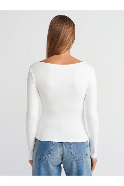 Dilvin 31401 Gathered Boat Neck Top-Ecru