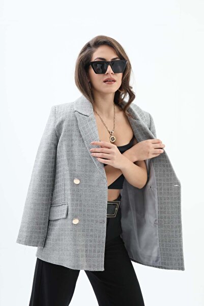 VAPUR TEKSTİL Square Pattern Double Breasted Collar Jacket - Gray