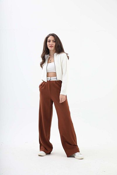 VAPUR TEKSTİL High Waist Brown Palazzo Trousers - Belt Detailed