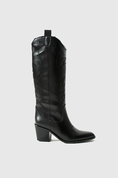 Feyz istanbul Western Style Black Leather Embroidered Women's Boots - Teksas