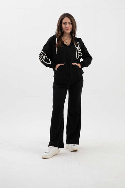 VAPUR TEKSTİL Süzene Embroidered Hooded Three Thread Set - Black