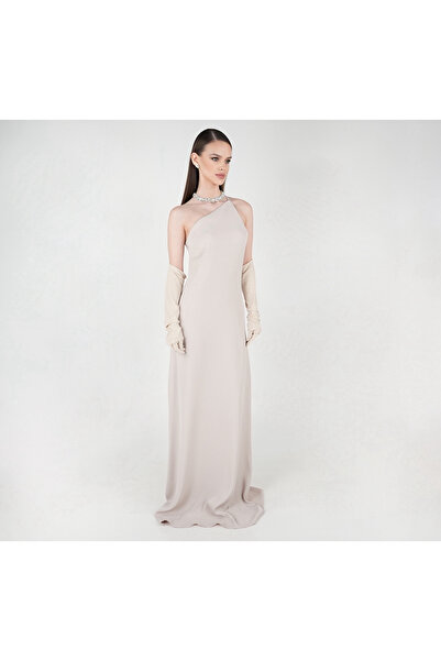 Bohai Design Tasarım Tek Omuz Askılı Uzun Bej Elbise