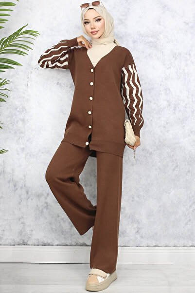 benguen 4064 Model Patterned Brown Knitwear Set