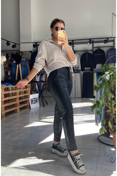 ANSEV BUTİK Boru Paça Deri Pantolon