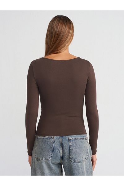 Dilvin 31401 Gathered Boat Neck Top-Dark Brown