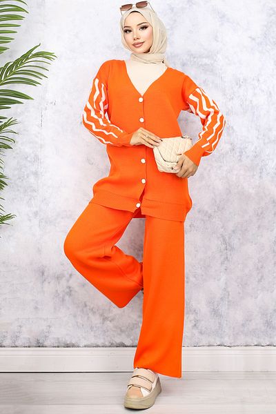 benguen Orange Patterned Knitwear Set - 4064 Sleeves