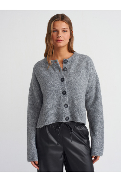 Dilvin 60280 Buttoned Soft Knitwear Cardigan - Stand Collar, Slit, Smoked M.