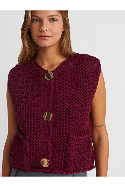 Dilvin 60274 Crew Neck Pocket Buttoned Knitwear Vest-Burgundy
