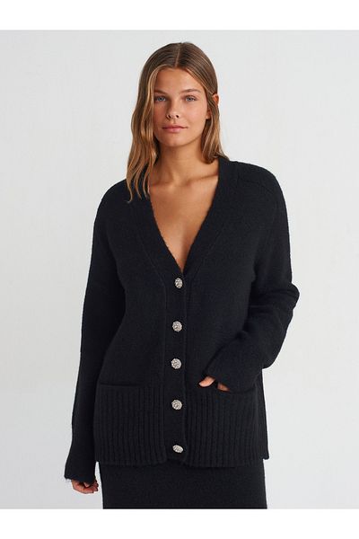 Dilvin 60269 V-Neck Stone Buttoned Soft Textured Knitwear Cardigan with Pockets - Black
