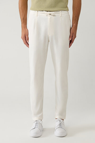 Avva Erkek Kırık Beyaz Beli Bağcıklı Keten Karışımlı Chino Relaxed Fit Pantolon B003036