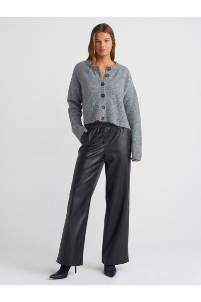 Dilvin 60280 Buttoned Soft Knitwear Cardigan - Stand Collar, Slit, Smoked M.