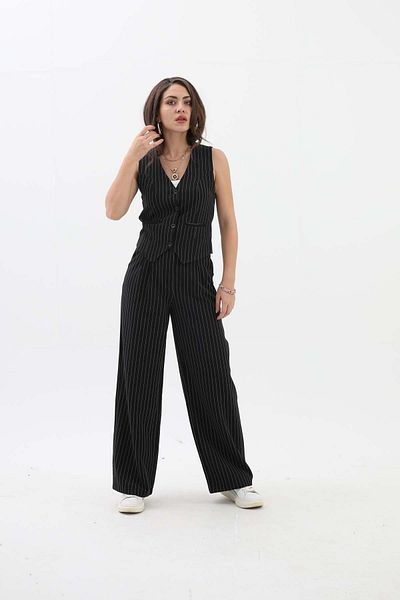 VAPUR TEKSTİL Black Striped Vest - with Pocket Details