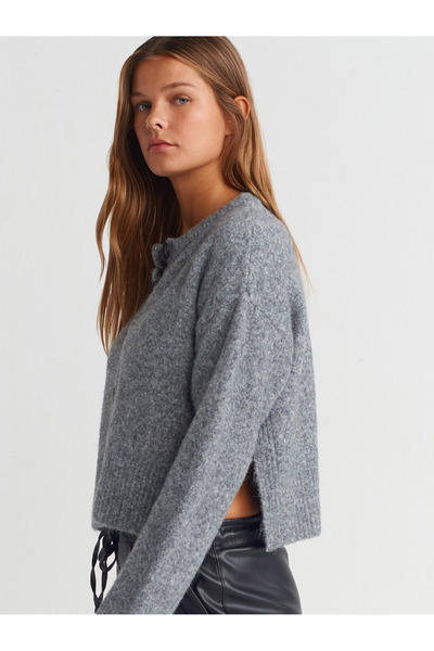 Dilvin 60280 Buttoned Soft Knitwear Cardigan - Stand Collar, Slit, Smoked M.